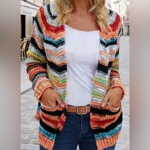 Noracora Wool Blend Multicolor Striped Women's Sweater Cardigan Small